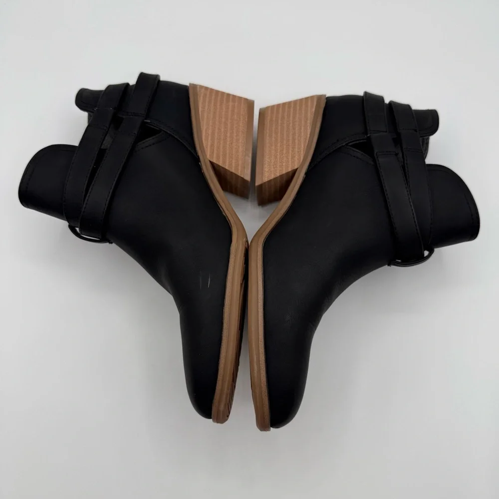 Dr. Scholl’s Literally Black Cutout Ankle Boots w/ Gold Buckle & Stacked Heel - Picture 12 of 16